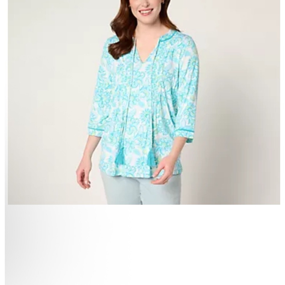 Belle by Kim Gravel Women's Size 1X Plus Pintuck Tassel Top Peacock Blue